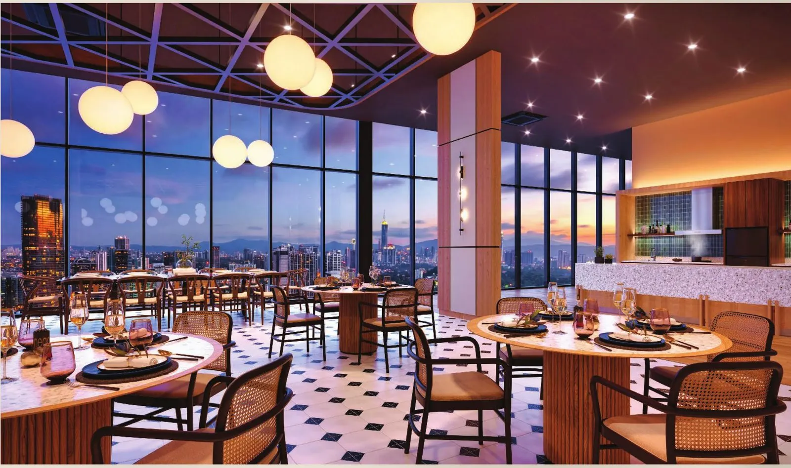 Artist's impression of the Level 45 gourmet kitchen and dining lounge above the city