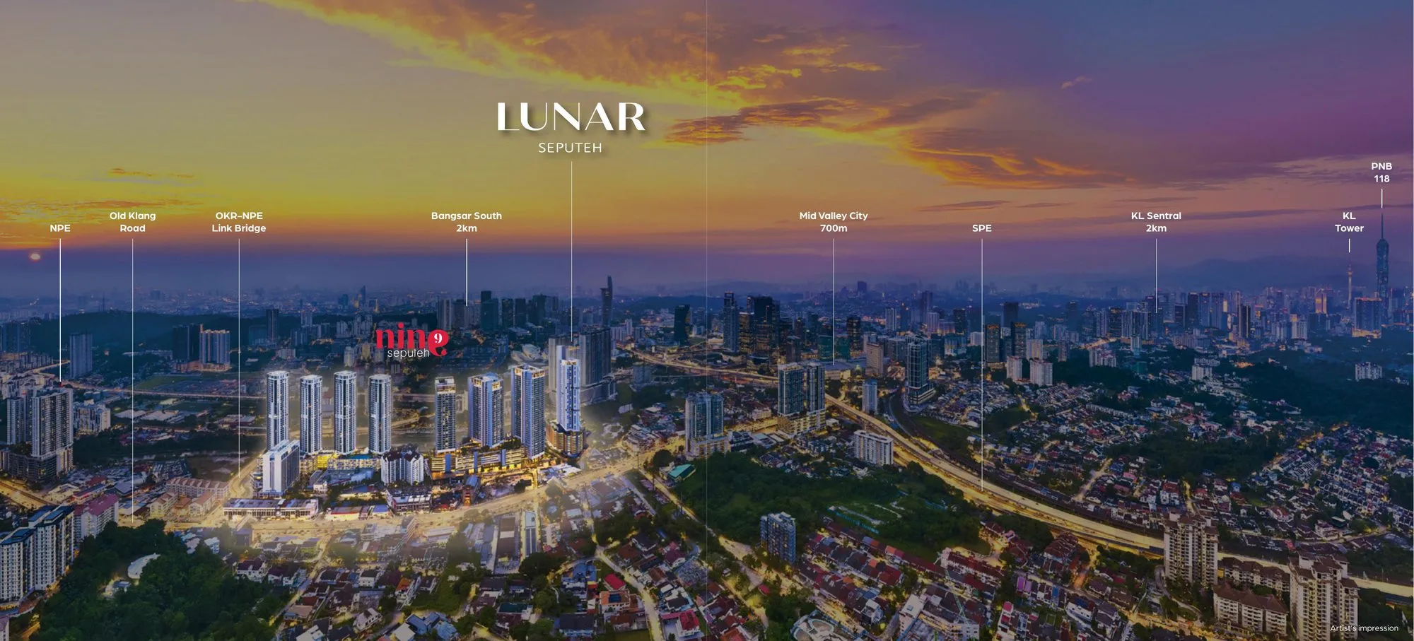 Aerial location map showing Lunar Seputeh at 9 Seputeh with NPE, Old Klang Road, the OKR-NPE Link Bridge, Bangsar South 2km, Mid Valley City 700m, KL Sentral 2km, KL Tower and PNB 118 marked across the Kuala Lumpur skyline