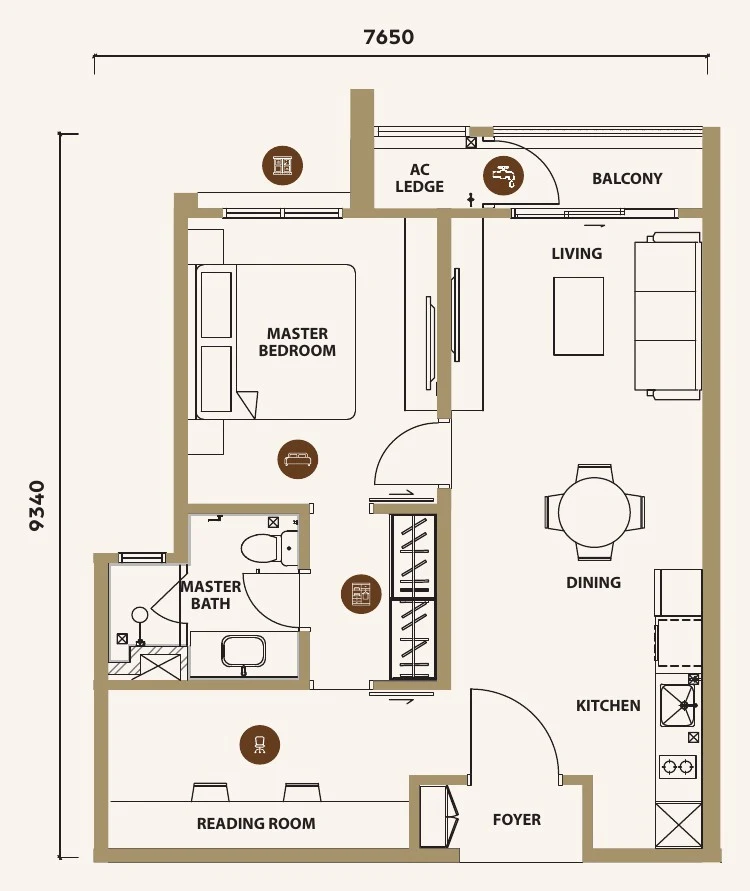 Type A floor plan, 683 sq ft, 1 + 1 bedroom