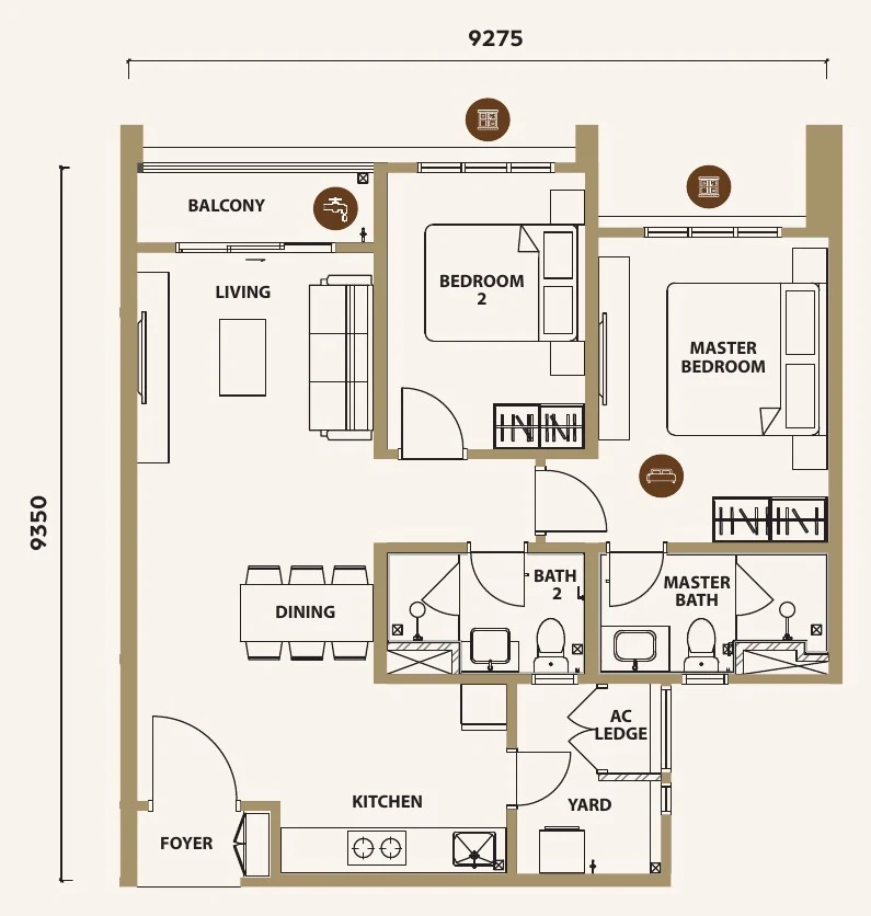 Type B1 floor plan, 841 sq ft, 2 bedroom
