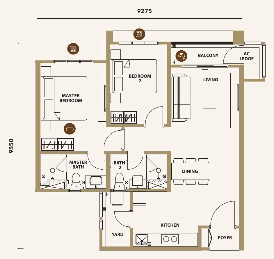 Type B1A floor plan, 841 sq ft, 2 bedroom