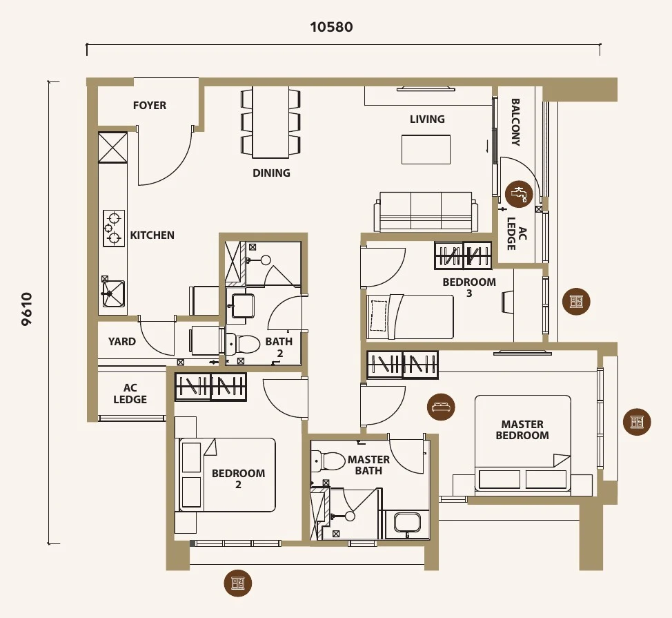 Type B2 floor plan, 930 sq ft, 3 bedroom