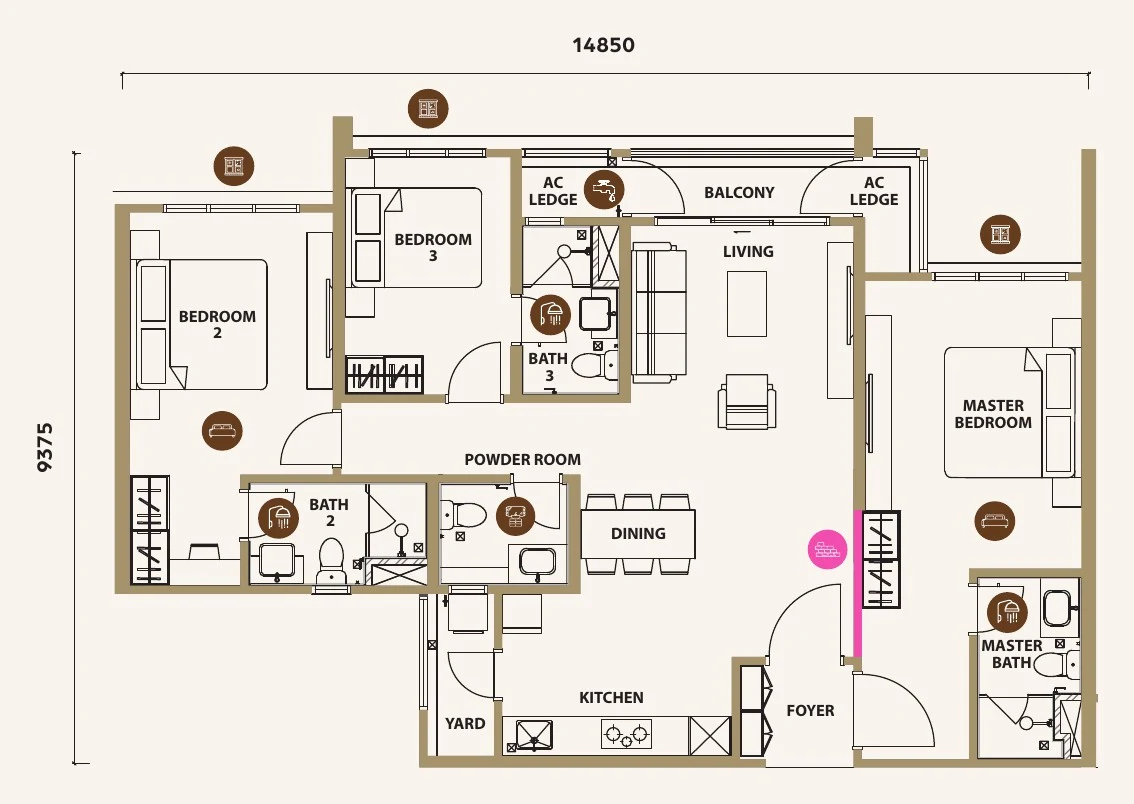 Type C1 floor plan, 1,280 sq ft, 3 bedroom