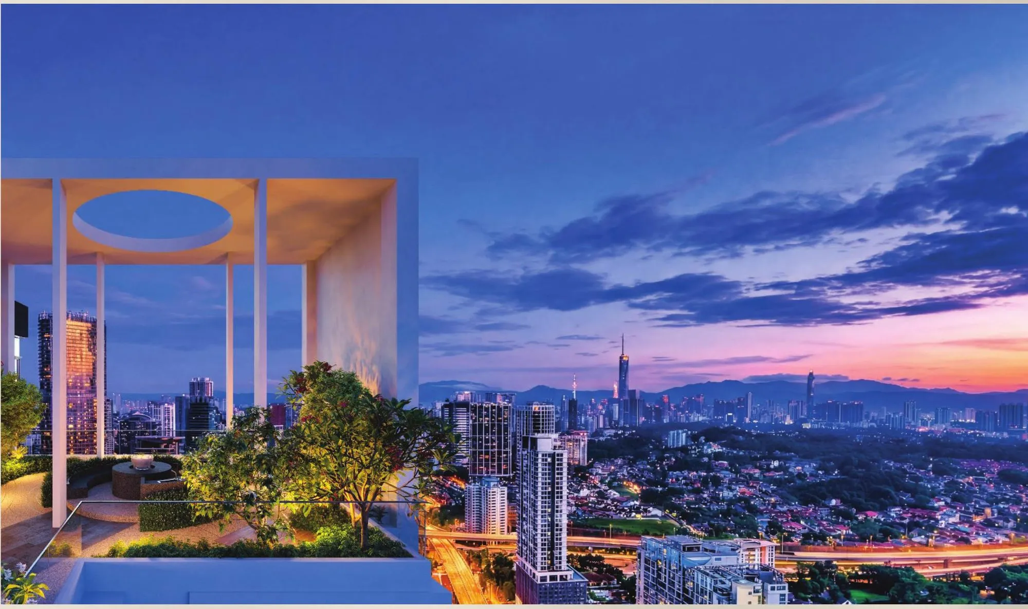 Artist's impression of the Level 45 sky garden at dusk, looking over the Kuala Lumpur skyline
